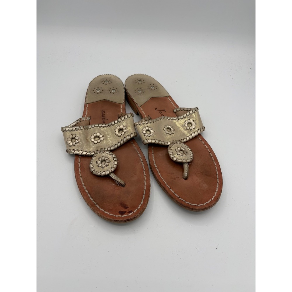 Jack Rogers Jacks Flat Sandals Gold Metallic Leather Whipstitch Women 10M
